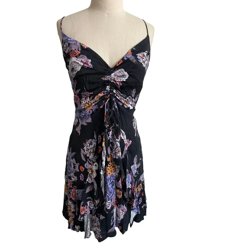 Free People Happy Heart Floral Mini Dress Black Smocked Tie Front Small